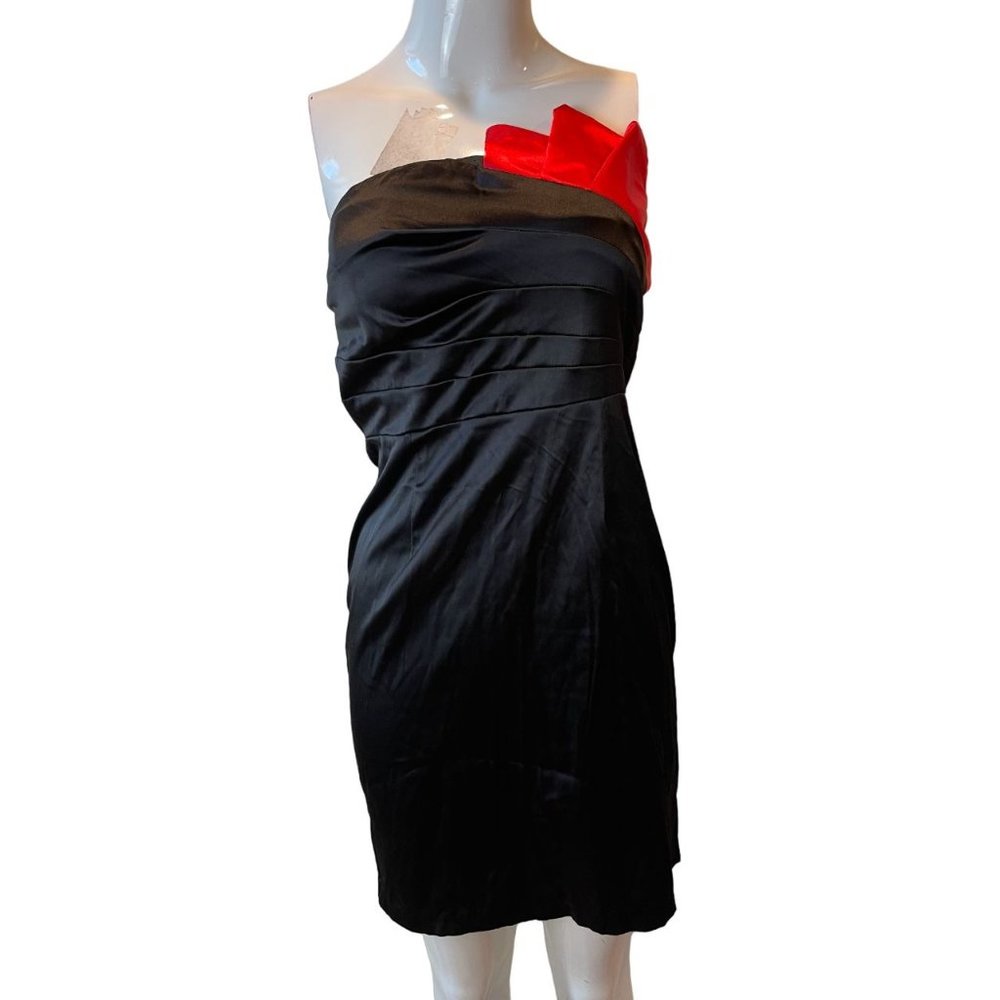 Fe Womens Contrast Ruffle Bustier Strapless Dress Pleated Black Red Size M